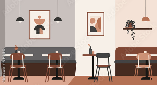 Modern cafe interior with minimalist decor and comfortable seating.