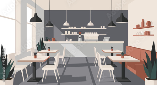 Modern cafe interior with empty tables and counter, ready for customers.