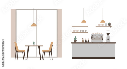 Modern cafe interior with minimalist design and coffee bar setup.