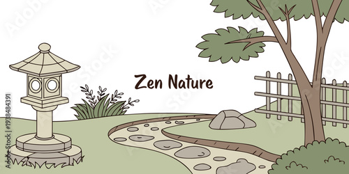 A serene zen garden with a stone lantern, raked gravel, and lush greenery. Vector
