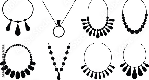 Collection of elegant necklace silhouettes including pearl strings, pendant chains, beaded jewelry designs, and fashion accessory icons for graphic design projects.