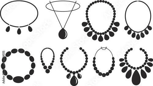 Collection of elegant necklace silhouettes including pearl strings, pendant chains, beaded jewelry designs, and fashion accessory icons for graphic design projects.