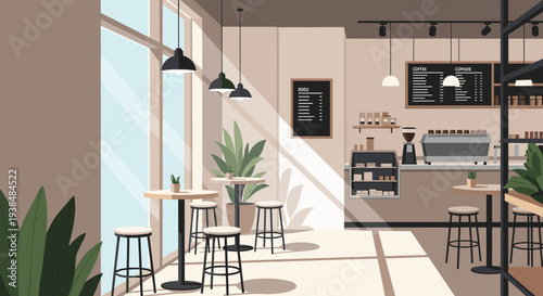 Modern coffee shop interior with bar stools and tables bathed in sunlight.