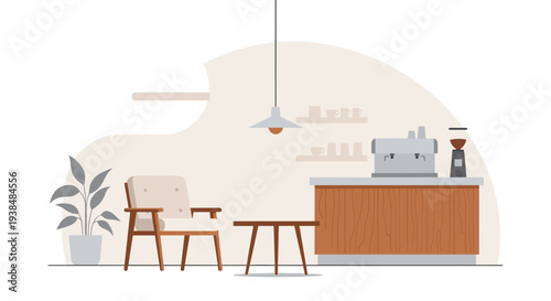 Modern Coffee Shop Interior with Espresso Machine and Seating Area.