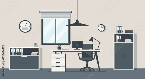 Modern Home Office Interior with Desk, Chair, and Storage Units.