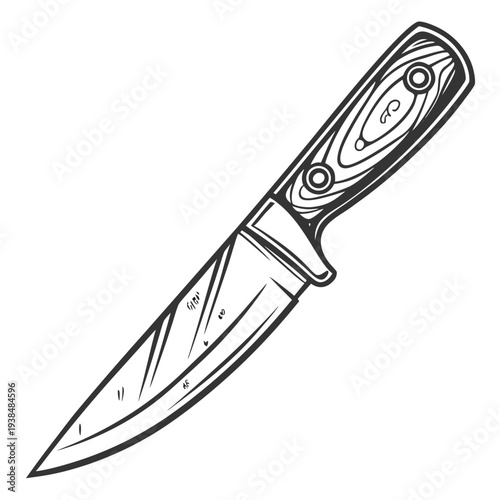 A sharp and intricately designed knife with a wooden handle and metal blade. Vector