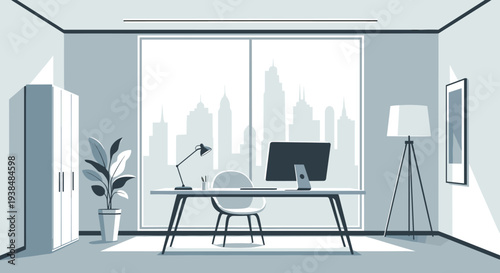 Modern home office interior with desk, computer, and city view.