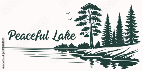 A serene lakeside scene with tall pine trees under a clear blue sky Vector