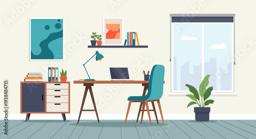 Modern home office setup with desk, chair, and laptop.