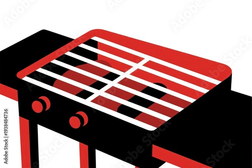 Red and black grill with control knobs