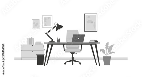 Modern Home Office Setup with Laptop and Desk Lamp.