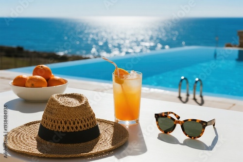 Poolside drink with hat and sunglasses