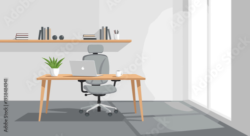 Modern Home Office Setup with Laptop and Ergonomic Chair.