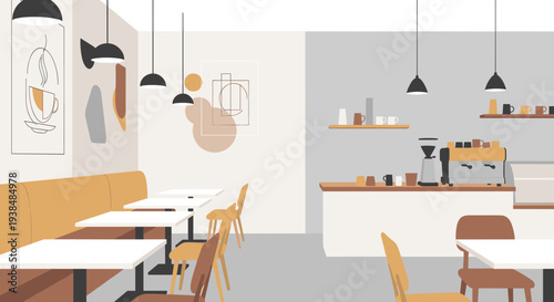 Modern minimalist coffee shop interior with empty tables and counter.