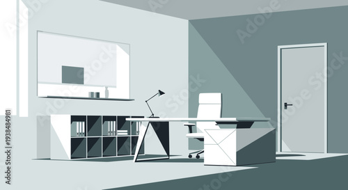 Modern minimalist home office interior with desk, chair, and shelving unit.