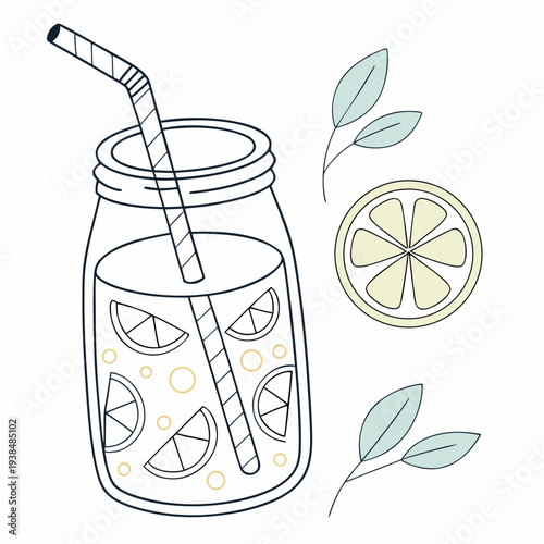 A refreshing glass of lemonade with fresh lemon slices and mint leaves Vector