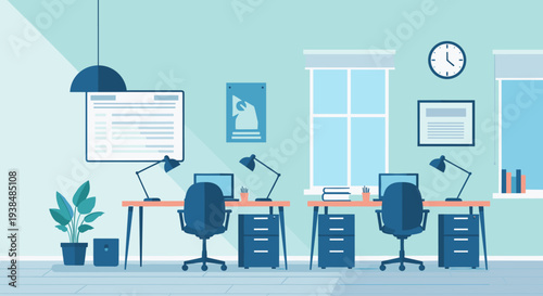 Modern Office Interior with Desks and Computers.