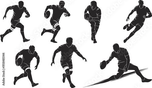 Black and white rugby player silhouettes set running with ball in action poses for sports competition and athletic team design