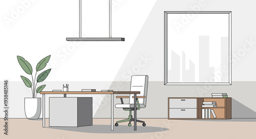 Modern Office Interior with Desk, Chair, and Plant.