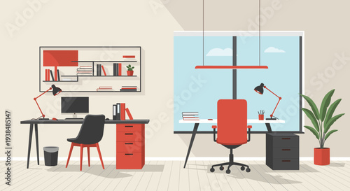 Modern Office Interior with Desks, Chairs, and Computer Setup.