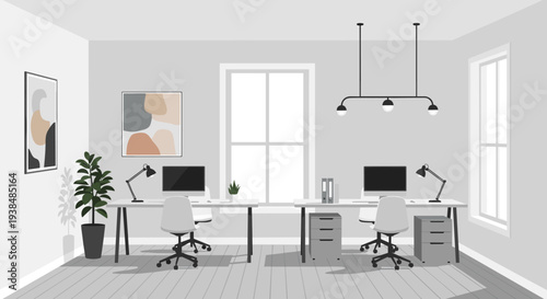 Modern office interior with two workstations and minimalist decor.