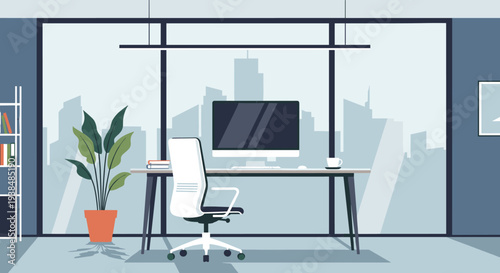 Modern Office Workspace with Computer and Chair.