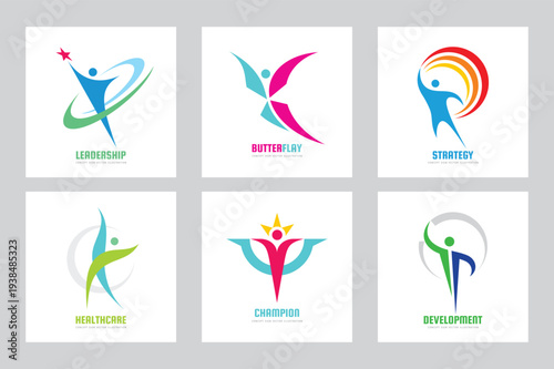 Abstract human character concept logo set graphic design. Positive optimism creative sign collection. Human with wings symbols. Dance festival symbol. Graphic design elements.