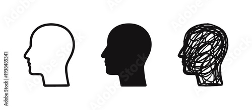 Human Head Profile with Thoughts Icon Set for Mind and Mental Health Concepts