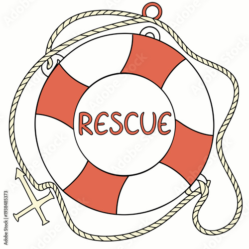 A white and red life preserver ring with the word "rescue" written in the center. Vector