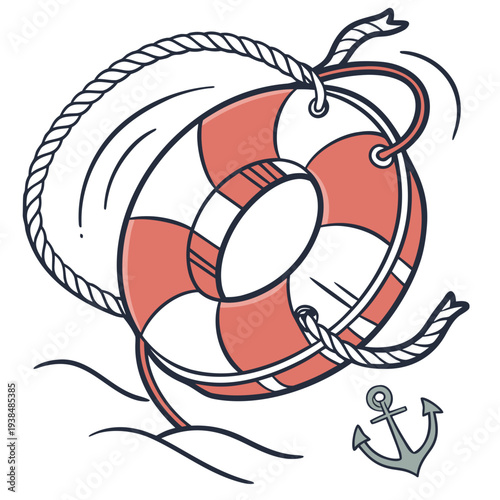 A life preserver ring with a rope and anchor symbolizing safety and rescue at sea. Vector