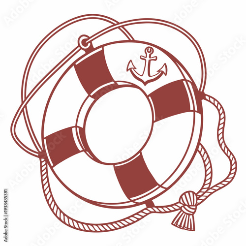 A vintage red and white life preserver with a rope tied around it Vector