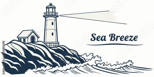 A serene lighthouse standing tall on a rocky coast with waves crashing nearby. Vector