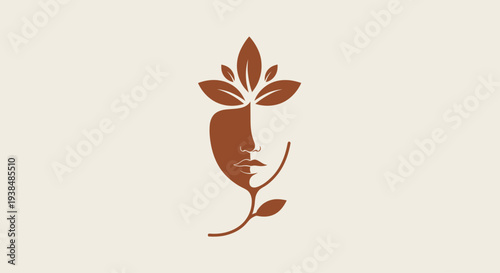 Elegant Woman Face Silhouette with Leaves - Nature Beauty and Wellness Concept