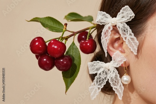 Woman with lace bows and cherry branch