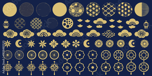 Collection of ornate golden circular patterns and celestial motifs