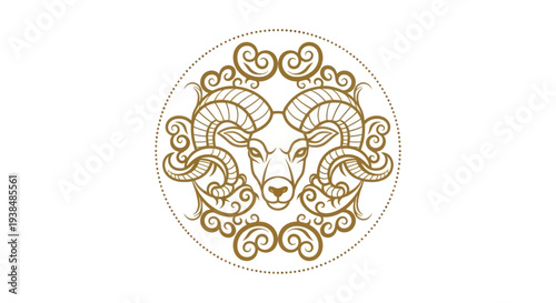 Aries Zodiac Symbol with Ornate Swirls and Dotted Circle - Astrology Icon