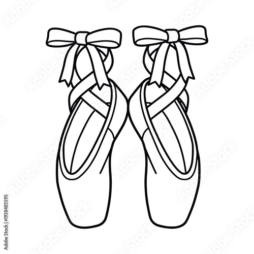 Ballet pointe shoes with ribbons outline drawing, isolated on a white background.