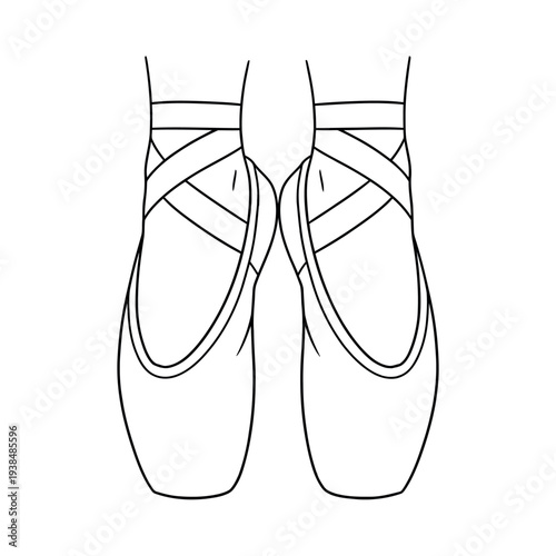 Dancer's feet in ballet pointe shoes outline drawing, isolated on white background.