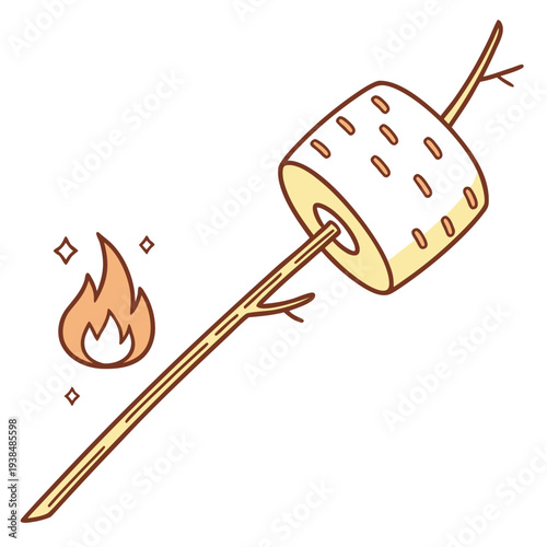 A roasted marshmallow on a stick with a small flame nearby Vector