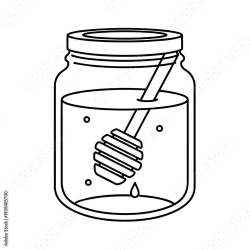 Honey jar with dipper outline drawing on a white background.