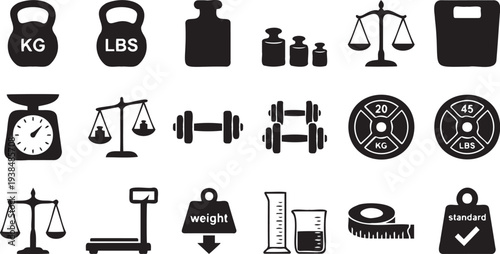 Comprehensive collection of black weight and measurement icons on a white background for fitness and health applications