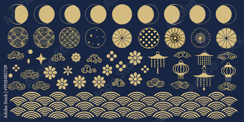 Golden japanese motifs and patterns arranged in neat rows on dark blue