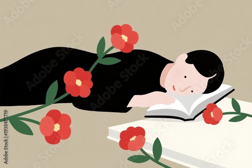 Person reading book with red flowers