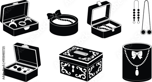 Black and white jewelry box icons set with rings necklaces and luxury gift packaging isolated on white background for graphic design
