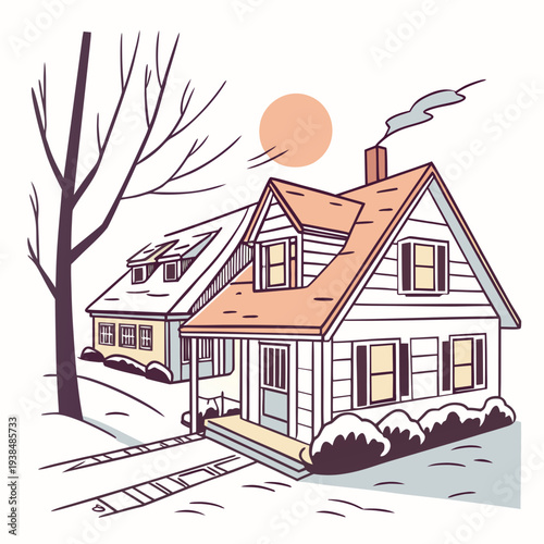 A charming suburban house with a red roof and a tree in the front yard under a setting sun Vector