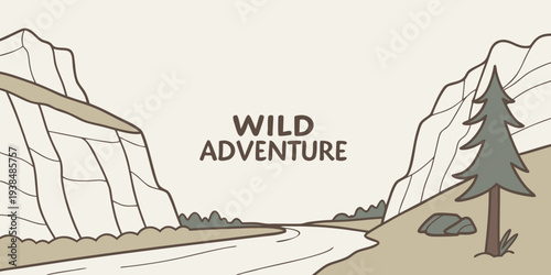 A group of people embark on a wild adventure in a mountainous landscape. Vector
