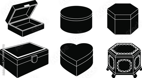 Black and white jewelry box icons set with luxury rings necklaces gift packaging and ornate treasure chests isolated on white background