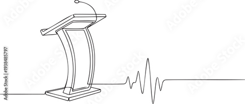 Simple line drawing of a podium with a microphone illustrating a public speaking engagement or presentation event in a minimalist style