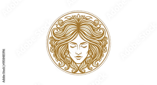Golden Medusa Head Emblem with Flowing Hair and Closed Eyes, Circular Design