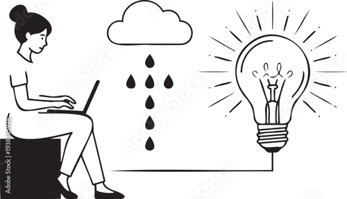 Woman working on laptop with idea generation symbolized by a lightbulb and rain cloud nearby illustrating creative inspiration and problem solving
